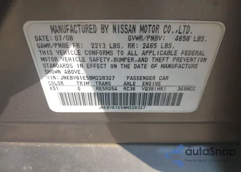 2008 Infiniti G35 Journey from USA, damaged, VIN JNKBV61E58M228327